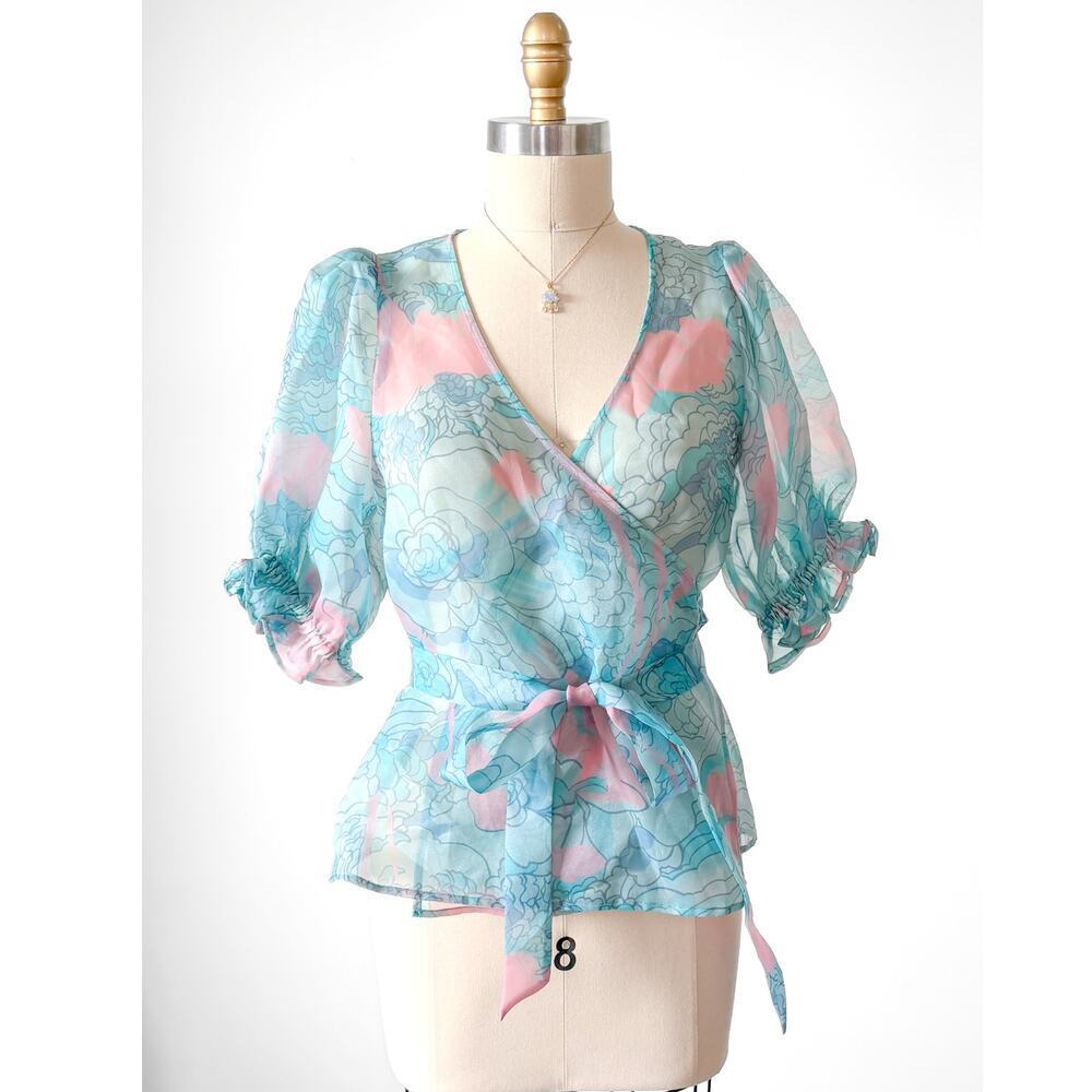 NEW Selkie Feminine Cloud 9 Blue and Pink Champagne Mod Print Wrap Top
